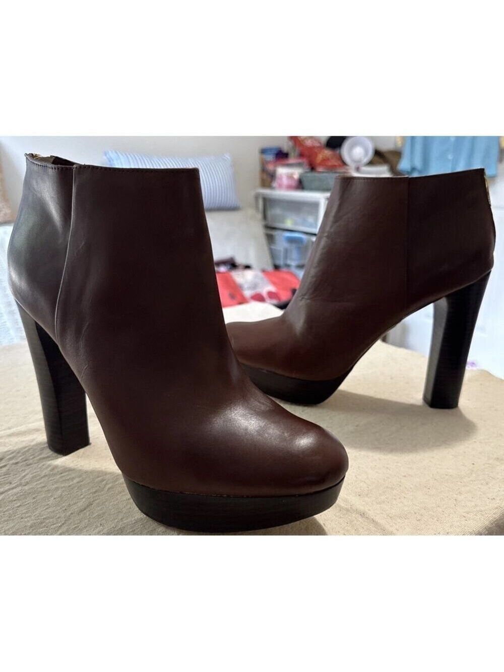 Michael Kors Leather Boots Heeled Winter Booties Womens Brown Zip Ankle Sz 9.5M
